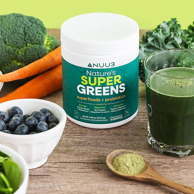 NUU3 Super Greens Superfoods + Probiotics - Immune Support Improved Energy &amp Gut Health Digestive Enzymes - Boosts Immunity - 30 Servings (Unflavored)