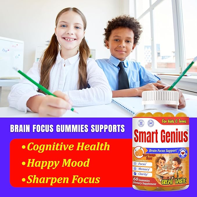 Smart Genius Omega 3 for Kids Focus and Attention Supplements Kids Vitamin Gummies Focus Supplement for Kids Brain Support Teen Vitamin- 60 Gummy