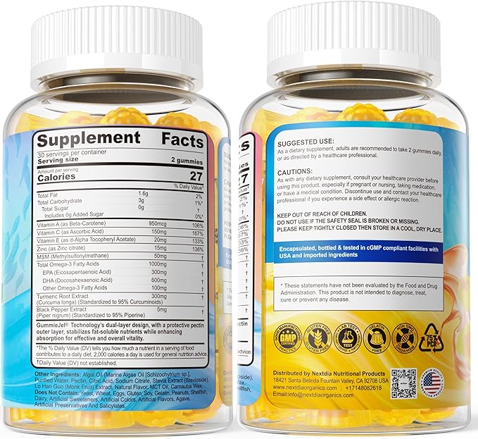 Vegan Omega-3 Gummies 1000mg + Turmeric - Omega 3 Fish Oil Alternative for Adults - Algae DHA 600mg &amp EPA 300mg Vitamins A C E Zinc &amp MSM Sugar Free 120 Cts