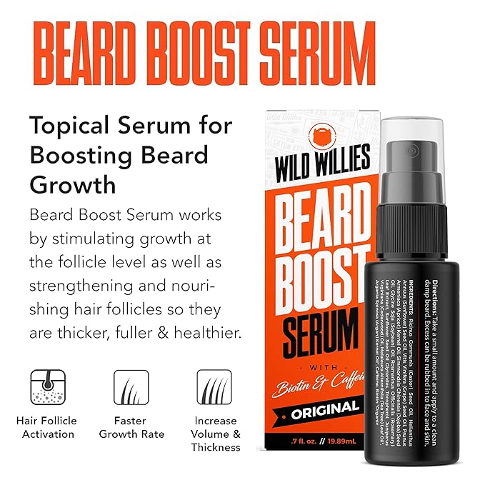 Wild Willies All-in-One Beard Growth Kit - Includes Beard Boost Serum Oil &amp Growth Supplement Boar Bristle Brush - Perfect Grooming Kit for Men - Achieve Thicker Fuller Healthier Beard