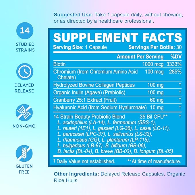 BioEmblem Beauty Probiotics for Women 35 Billion CFU 14 Strains with Biotin Collagen Prebiotics for Digestive Health Hair Skin and Nails Vaginal Probiotics Supplement Shelf Stable 30 Caps