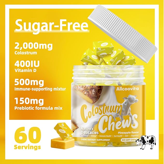 Bovine Colostrum Chews Supplement with probiotics for Gut Health Bloating Immune Support Skin Hair Growth and Beauty - Pineapple Flavor (60 Servings)