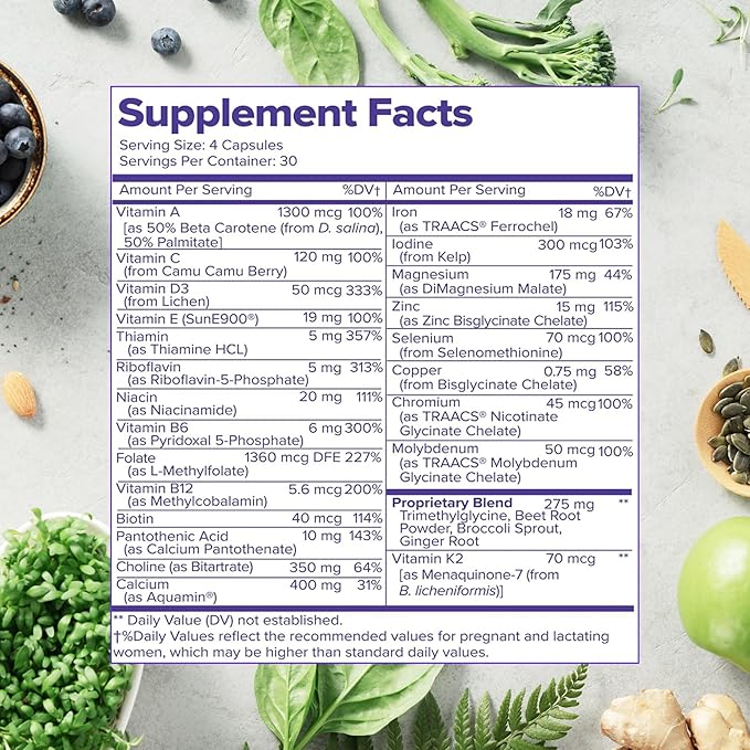 Whole Food Prenatal Vitamins (120 Capsules) Natural Support for Maternal and Fetal Health Prenatal Multivitamin for Women with Choline B Vitamins and More Vegan No Soy Gluten or Dairy