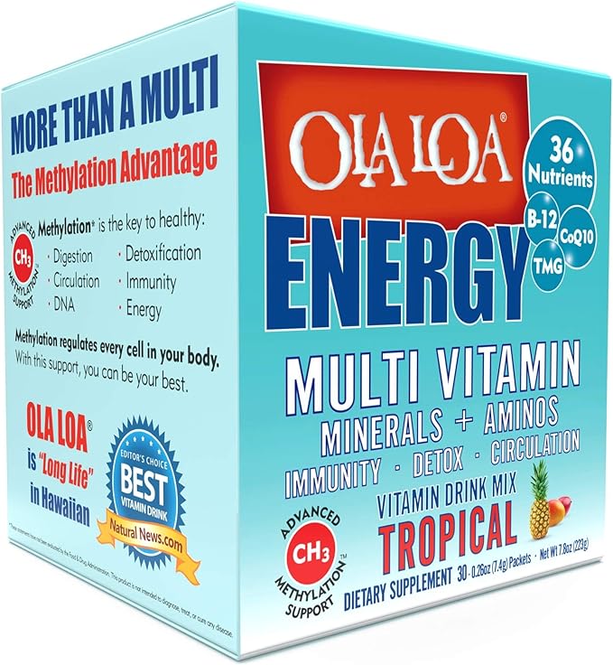 Ola Loa Energy Tropical Multi Vitamin Drink Mix - Amino Energy Powder Gluten Free Detox Dairy Free Caffeine Free - Drink Your Vitamins for the Rigors of Daily Life - 30 Packets (8.25oz)