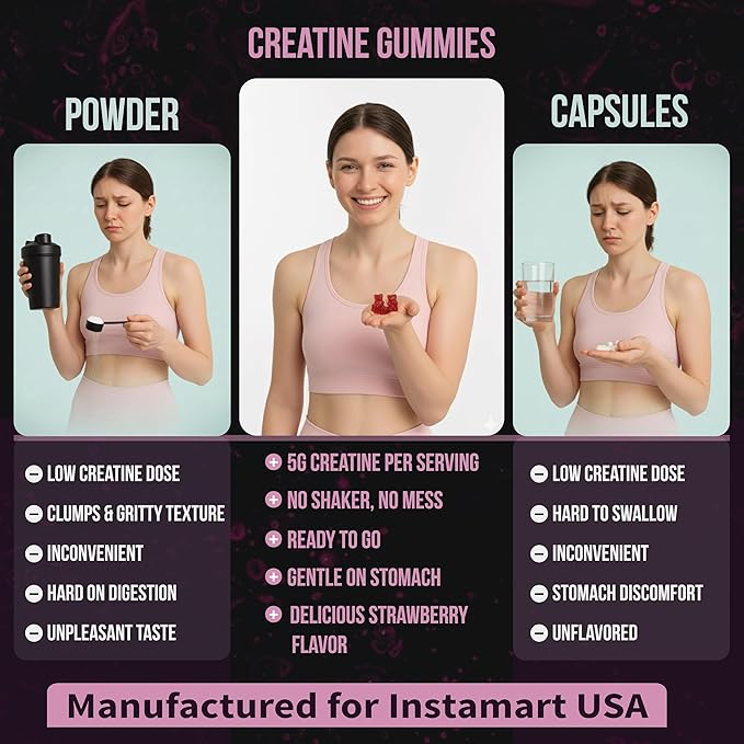 INSTAMART Creatine Gummies for Women &amp Men (180 Count) – Sugar Free Pure Creatine Monohydrate 5000mg Non-GMO Vegan &amp Strawberry Flavored Chews for Muscle Growth Strength Energy &amp Faste