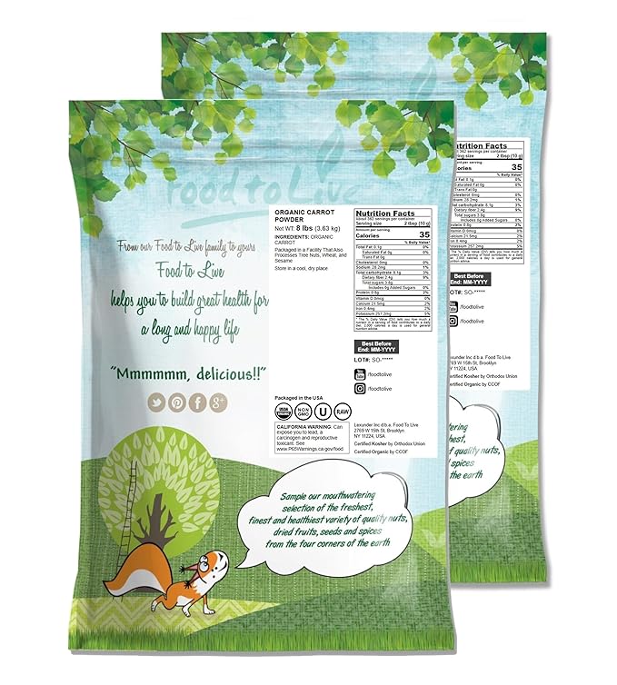 Food to Live Organic Carrot Powder 16 Pounds - Non-GMO Ground Raw Dried Roots Vegan Bulk For Baking Juices Smoothies Shakes and Drinks. Good Source of Dietary Fiber Potassium and Vitamin A