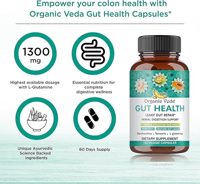 Organic Veda Marshmallow Turmeric Gut Supplement - Digestion Health Leaky Gut Repair &amp Cleanse Support - Papaya Digestive Enzymes Prebiotics L-Glutamine Green Banana Psyllium Husk - 120 Capsu