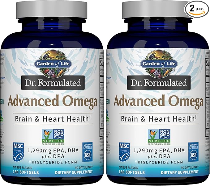 Garden of Life Dr. Formulated Advanced Omega Fish Oil - Lemon1290mg EPADHA + DPA in Triglyceride FormSource Omega 3 Supplement for Ultimate Brain &amp Heart HealthNon-GMO180 Softgels(Pack of 2