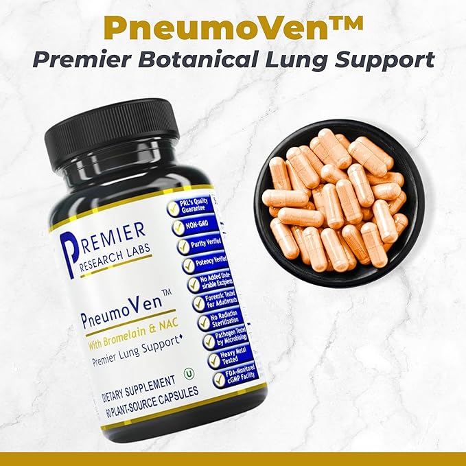 Premier Research Labs PneumoVen - Lung Support Supplement w/Bromelain &amp NAC Lung Health Support Vitamins Lung Cleanse - 60 Capsules