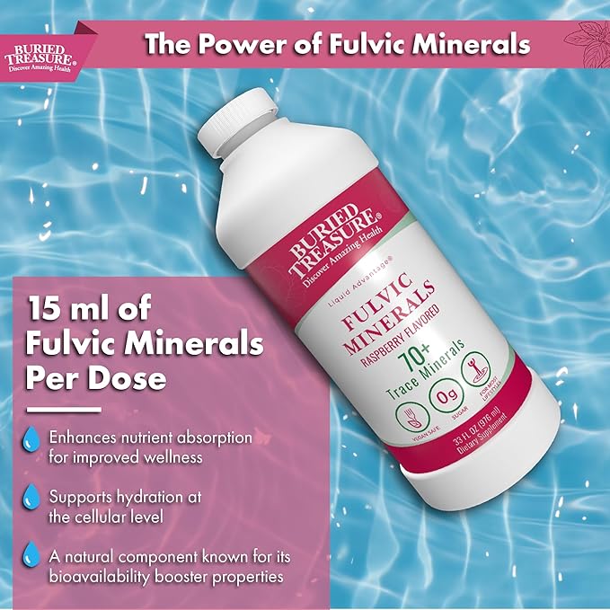 Buried Treasure Fulvic Mineral Complex - 32oz Natural Raspberry Flavor with Over 70 Plant Derived Minerals Non-GMO Electrolyte Replacement Vegetarian Safe Daily Essential and Trace Minerals
