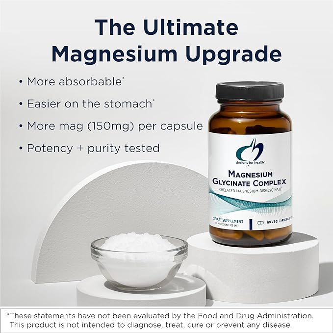 Designs for Health Magnesium Glycinate Complex - Chelated Magnesium Bisglycinate + High Absorption Magnesium for Calming &amp Sleep Heart Health Immune Support &amp Bone Strength - Vegan (120 Caps