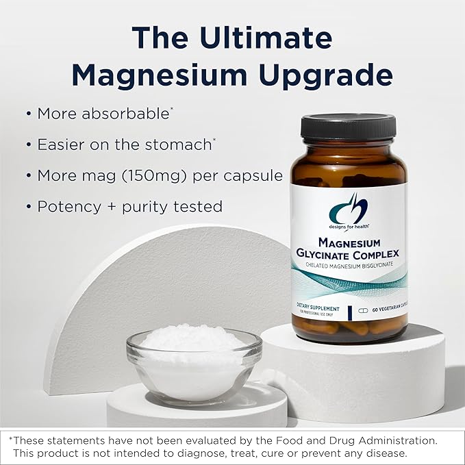 Designs for Health Magnesium Glycinate Complex - Chelated Magnesium Bisglycinate + High Absorption Magnesium for Calming &amp Sleep Heart Health Immune Support &amp Bone Strength - Vegan (240 Caps