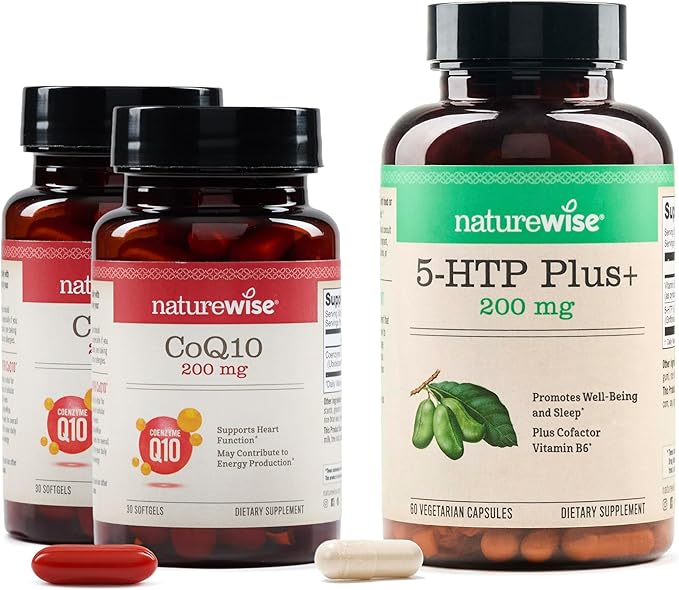 NatureWise (Pack of 2) CoQ10 200mg - High Potency Ubiquinone Non-GMO - 30 Softgels[30-Day Supply] + [1] 5-HTP 200mg + Vitamin B6 - Non-GMO Vegan - 60 Capsules[60-Day Supply]
