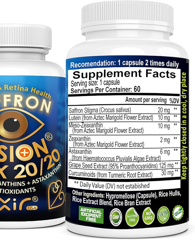 EXIR Eye Vitamins Combo Pack (2 Bottles) – Eye Vitamins Supplement - with Lutein Saffron Astaxanthin Zeaxanthin – 120 Capsules