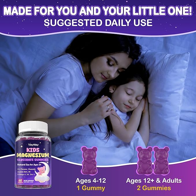 Magnesium Glycinate Gummies for Kids 4+: Sugar Free Magnesium Bisglycinate Gummy with Chamomile L-Theanine Lemon Balm B6 Omega 3 Zinc - Gluten Free Non-GMO Vegan Mixed Berry Flavor