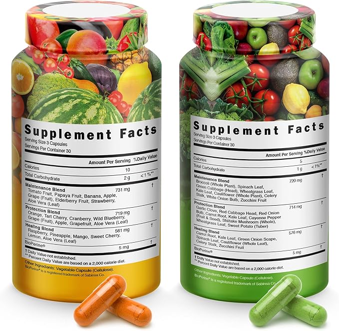 Fruits and Vegetables Supplements With BioPerine Contains 38 Fruits &amp Vegetables Super Food Powder Supplements Formula For Overall Health &amp Nature Energy Boost for Adults Men &amp Women - Ma