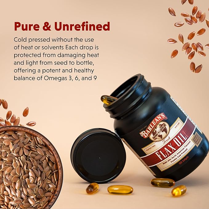 Barlean's Omega 3 6 9 Flaxseed Oil Supplements Cold-Pressed Flax Seed Supplement Softgels with 1650 mg ALA Fatty Acids 250 Count