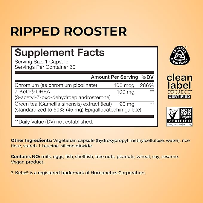 HUM Ripped Rooster Natural Green Tea Extract Capsules with Chromium 7 Keto DHEA Gluten Free Vegan Green Tea Supplement to Support Cravings Healthy Diet &amp Management 60 Count