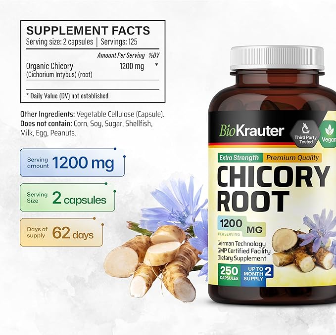 BIO KRAUTER® Chicory Root for Gut &amp Digestive Support - Pure Vegan Prebiotics &amp Fiber Supplement in Capsules 1200 mg per Serving 250 Count - No Fillers Non-GMO - 62 Days of Supply