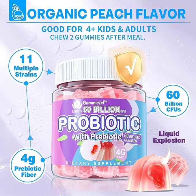 Probiotic Gummies 60 Billion CFU for Women Men &amp Kids 11 Strains Probiotics + Organic Prebiotics Fiber for Immune Digestive Health Supports Constipation Diarrhea Gas &amp Bloating - Sugar Fr