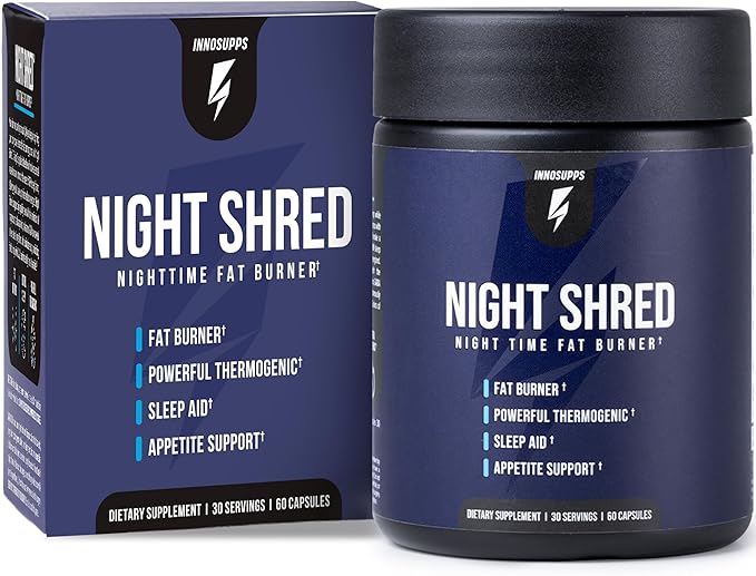 InnoSupps Night Shred Fat Burner and Natural Sleep Support | Ashwaganda 5-HTP CLA Melatonin | Appetite Suppressant | Weight Loss Support Nighttime Fat Burning (60 Vegetarian Capsules)