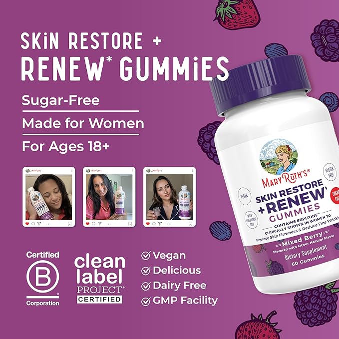 MaryRuth's Skin Restore + Renew Gummies With Hyaluronic Acid | Skin Hydration | Clinically Shown in Women to Reduce Fine Wrinkles &amp Improve Skin Firmness | Vegan Collagen Production | 60 Gummies