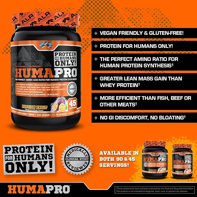 ALR Industries HumaPro Essential Amino Acid Formula | EAA Protein Supplement | Supports Muscle Recovery &amp Performance | Vegan Gluten Free | | 45 Servings (Passion Fruit)