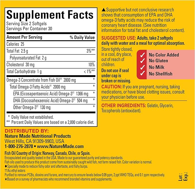 Nature Made Extra Strength Omega 3 Fish Oil Supplements 2800mg Fish Oil Omega 3 Supplements as Ethyl Esters for Healthy Heart Brain Eyes Mood Support 60 Softgels 30 Day Supply
