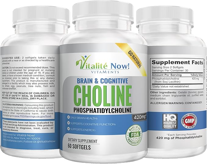 Choline Phosphatidyl High Potency Phospholipid Complex Phosphatidylcholine Pregnancy Support Mental Clarity Energy Liver Brain &amp Cognitive Health 420mg Softgels Non-GMO Made in USA