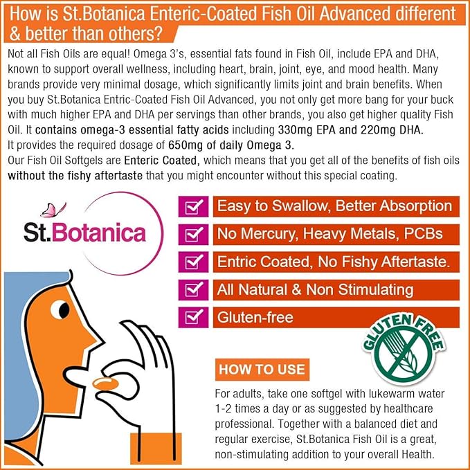 St.Botanica Fish Oil 1000 mg (Double Strength) with 600 mg Omega 3 (330mg EPA 220mg DHA) - 60 Softgels