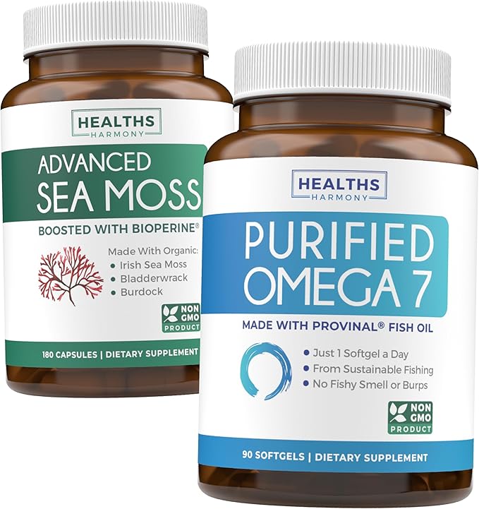 Irish Sea Moss &amp Omega 7 (3-Month Supply) Sea Omega Combo Bundle - Organic Irish Sea Moss - Raw Vegan Supplement (180 Caps) &amp Omega 7 Softgels - Provinal Sustainable Peruvian Anchovy Fish Oil