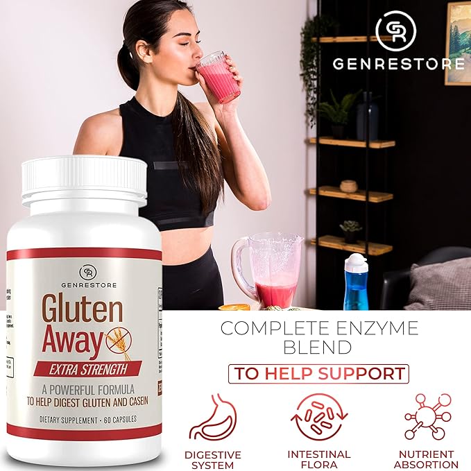 Restore Gluten Away Dietary Supplement – Extra Strength Digestive Enzyme Health Gluten &amp Casein Slower Digestion Release Protein Amino Acid in Bloodstream for Men and Women – 60 Capsules.