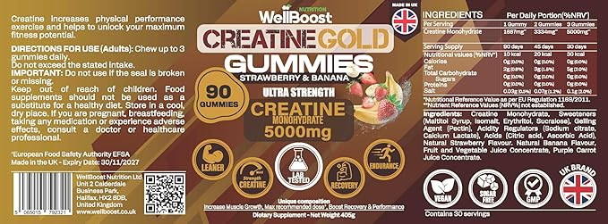 WellBoost Creatine Gold – 5000mg Creatine Monohydrate Vegan Sugar-Free Gummies for Lean Muscle Growth Endurance Recovery &amp Energy (1 Month Supply) in Starwberry and Banana Flavour.