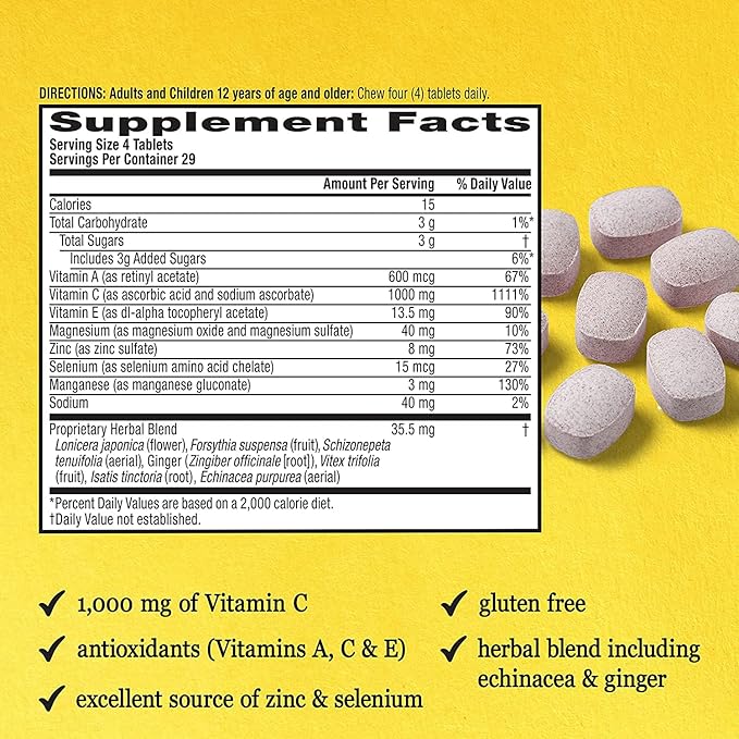 Airborne 1000mg Vitamin C + Zinc Immune Support Supplement Chewable Tablets Very Berry &amp Citrus Flavor with Powerful Antioxidants Vitamins A C &amp E 116 Chewable Tablets (Very Berry + Citrus)