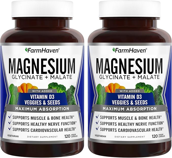 FarmHaven Magnesium Glycinate &amp Malate Complex w/Vitamin D3 100% Chelated for Max Absorption- Bone Health Nerves Muscles 240 Capsules 120 Days