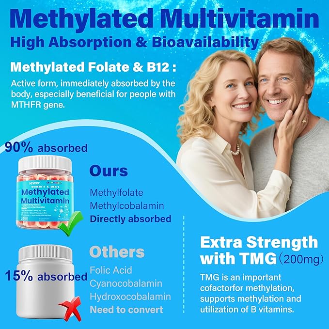 Methylated Multivitamin for Women &amp Men Gummies w/ Omega-3 Calcium D3 K2 Methylfolate &amp B12 TMG Daily Vitamins Mag CoQ10 Probiotic for 18 30 40 50 60 70+ Overall Health - Vegan Sugar
