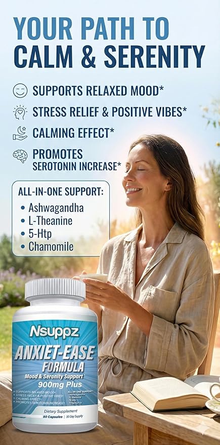 Natural Mood &amp Serotonin Support - Nutrisuppz Anxiet-Ease Formula with Ashwagandha L-Theanine GABA 5-HTP Magnesium - 60 Capsules