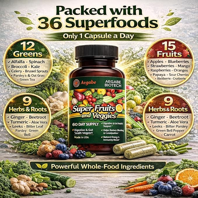 Premium Super Fruits and Veggies Supplement - 36 Whole Food Extracts - Advanced Digestive Health &amp Immune Support - One Capsule Daily - Made in USA - 60-Day Supply