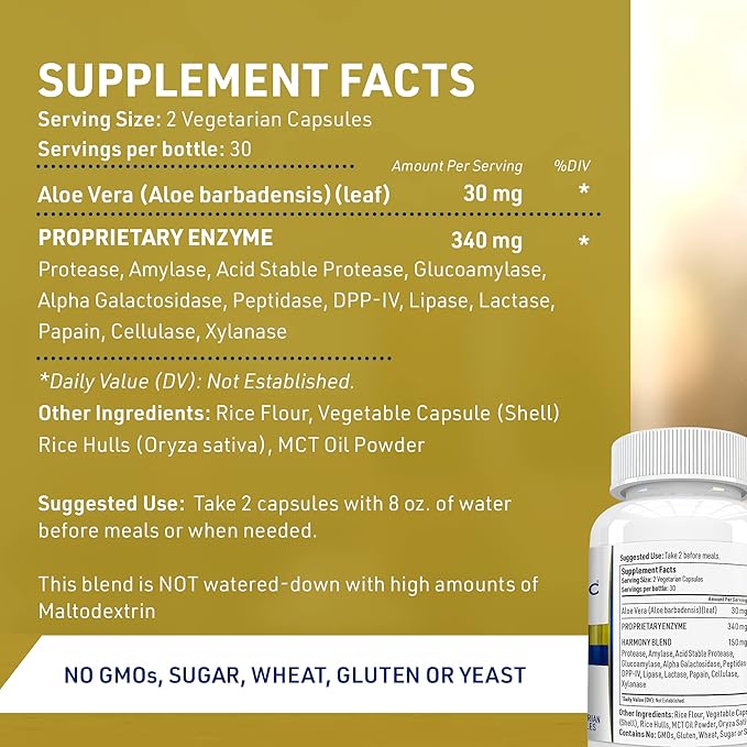 Digest Harmony Maximum Strength Digestive Enzymes Gluten Sensitivity Lipase Protease Cellulase Aloe Vera for Gallbladder Bloating Relief and Digestive Discomfort – 60 Capsules