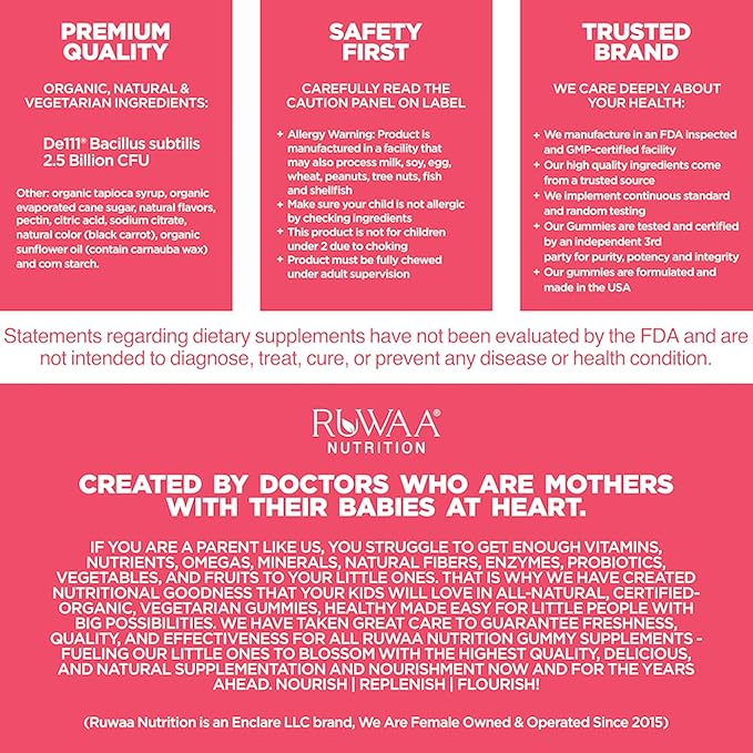 RUWAA NUTRITION Kids Organic Probiotic Gummies for Digestive Health Immune Support Constipation Bloating. 2.5 Billion CFU Strawberry Flavor Chewable Probiotics for Children Ages 4+ 30ct (1)