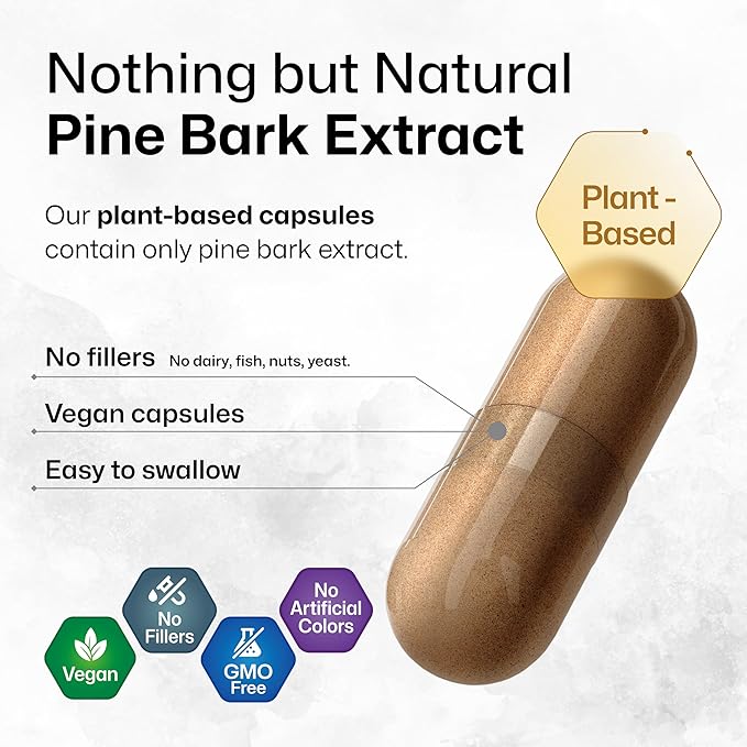 BIO KRAUTER® Pine Bark Extract for Circulatory &amp Antioxidant Support - Vegan French Maritime Pine Bark Herbal Supplements - Natural Antioxidants &amp Skin Support - 400 mg per Serving 100 Сapsul