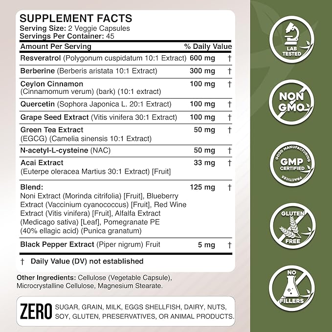 Gade Nutrition Resveratrol Berberine Quercetin Grape Seed Extract Green Tea Extract N-Acetyl Cysteine - 14 in 1 Complex Supplement for Women &amp Men with Potent Antioxidants - Made in USA