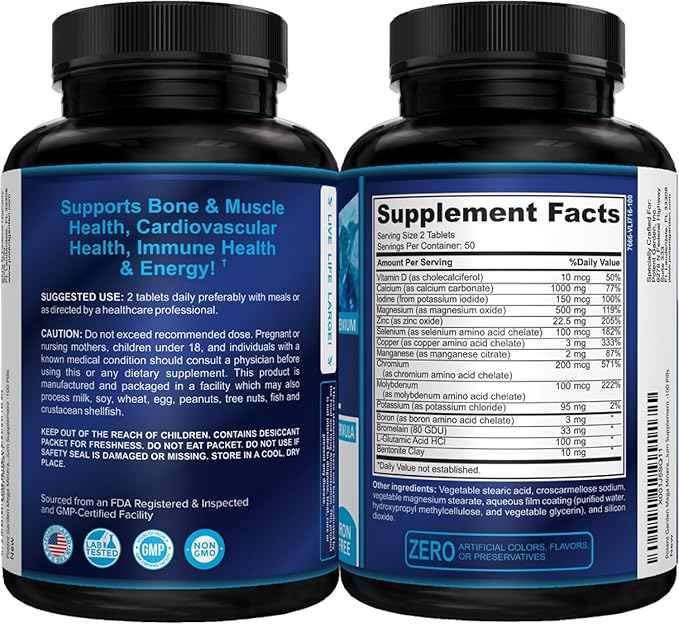 Potent Garden 2-Pack Mega Mineral Supplement Complete Mineral Complex with Calcium Magnesium Zinc Potassium Boron Selenium Chromium &amp 72 Trace Minerals Iron Free Calcium Supplement -200 Pills