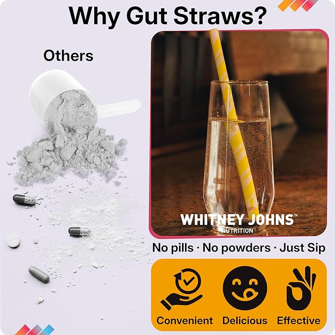 Whitney Johns Gut Straws with Probiotics for Digestive Health – 60 Billion CFUs – Supports Gut Health &amp Nutrient Absorption – Fiber Infused Drinking Straws with Prebiotics Lemon Flavor 14 Count