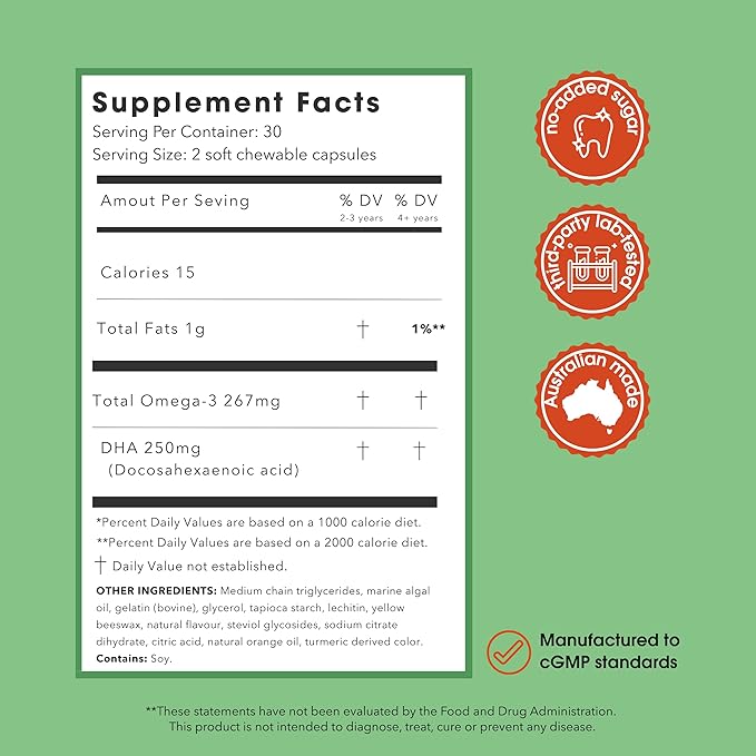 I'm Nutrients Brain DHA Algae Omega 3 Supplement for Kids | Supports Brain Development | Promotes Healthy Eye Function | Naturally Flavored | 60 Chewable Soft Gelatin Capsules