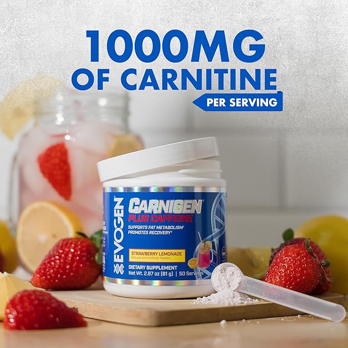 Evogen Carnigen Plus Caffeine - Premium Carnitine Powder | Supports Fat Metabolism &amp Promotes Recovery | L Carnitine Supplement with Caffeine &amp Acetyl L-Carnitine | Strawberry Lemonade | 50 Se