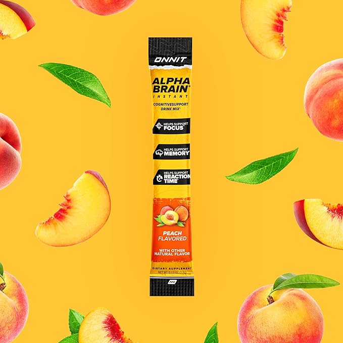 ONNIT Alpha Brain Instant Cognitive Support Drink Mix Nootropic Supplement for Focus Memory and Clarity Peach Flavor 0.13 oz Packets 30 Count