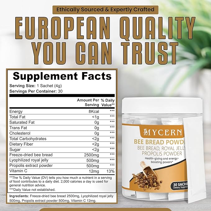Bee Bread Powder–Superfood Smoothie Additive with Bee Bread Propolis &amp Royal Jelly–Immune Support Supplement with Antioxidants &amp Energy Nutrients–30 Sachets–Gluten Free–Made in Latvia