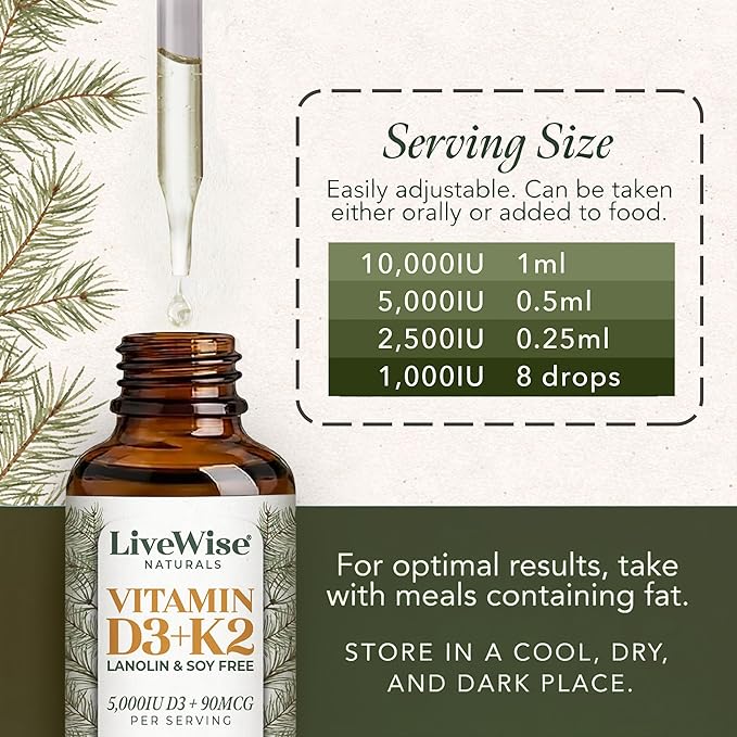 Live Wise Naturals Vegan D3 K2 Vitamin 5000 IU 90 MCG (MK-7) Drops - 60 Servings Ultra Concentrated Formulation and Fast Absorption - Precision Micro-Dosing Dropper for Cognitive &amp Immune Suppo
