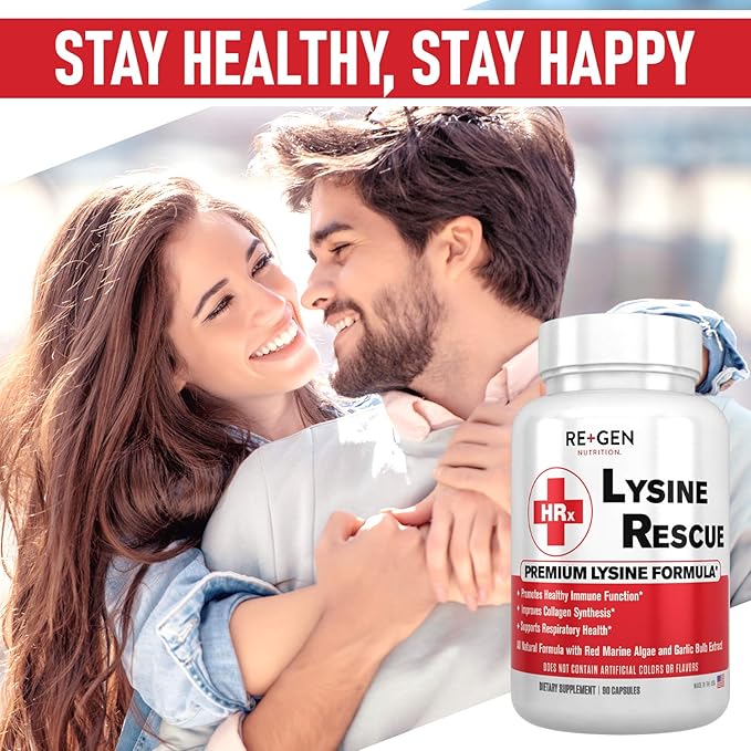 Re+Gen Nutrition Lysine Rescue Amino Acid Supplement for Stronger Immune Health &amp Collagen Synthesis in Women &amp Men Promotes Lips &amp Skin Health Natural Pure L-lysine 90 Capsules 45 D